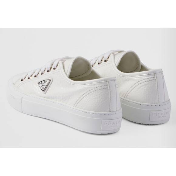 Prada Smash Naplak White Patent Logo Lace Up Flat Low Top Trainer Sneaker 38.5 - Picture 15 of 16